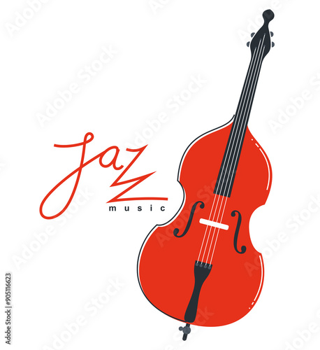 Jazz music emblem or logo vector flat style illustration isolated, contrabass logotype for recording label or studio or musical band.