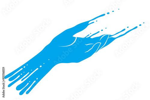 Woman hand made of water vector logo or emblem isolated on white background, mother nature, biology and life, giving water for life, skin health and moisturizing regeneration.