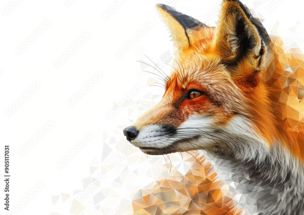 Fototapeta premium Cose-up, polygonal portrait of a red fox looking to the right against a white background