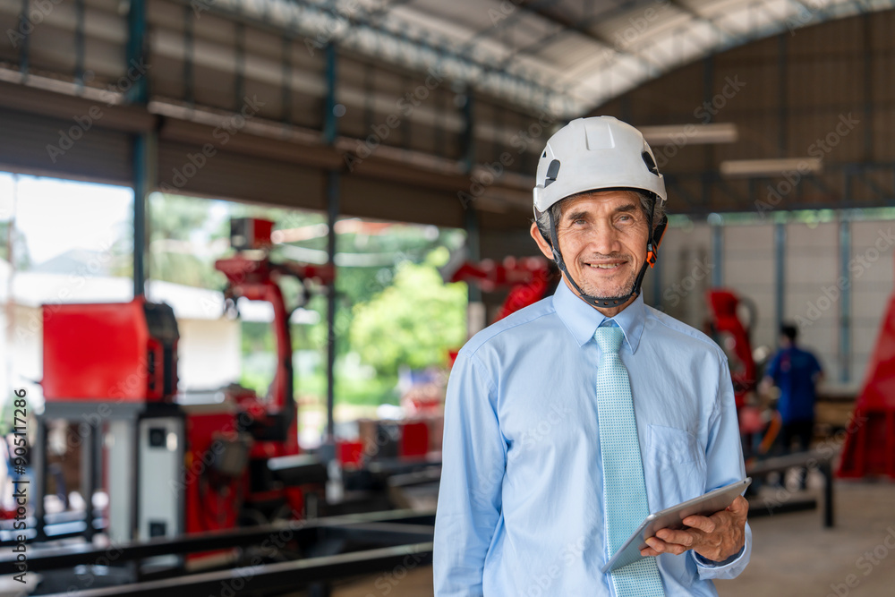 portrait old specialist manager wearing hardhat,holding digital tablet,smile,standing on site,senior male working in welding robot machine factory portrait old specialist manager wearing hardhat,holding digital tablet,smile,standing on site,senior male working in welding robot machine factory