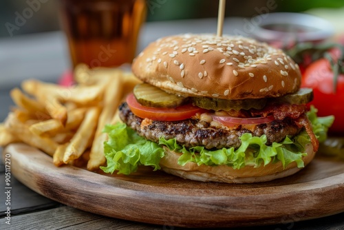 Burger with tomato, lettuce, pickles on wooden plate, french fries in background food photography