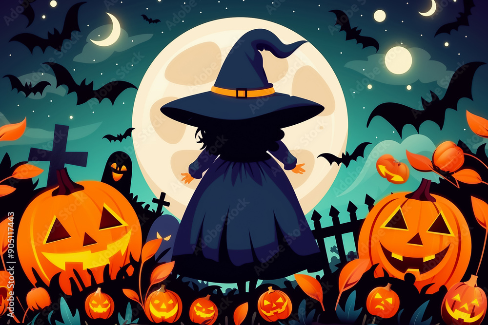 Wonderfully spooky Halloween Night filled with a witch, glowing pumpkins all around, and a full moon. Wonderfully spooky Halloween Night filled with a witch, glowing pumpkins all around, and a full moon.