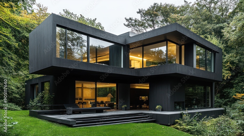 Modern house with panoramic windows and black concrete Modern house with panoramic windows and black concrete