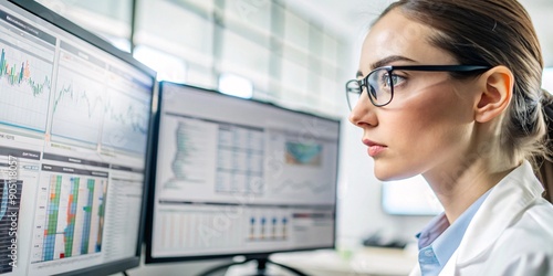 Side view of a young female data scientist wearing glasses intently studying financial charts and data visualizations on multiple computer screens.