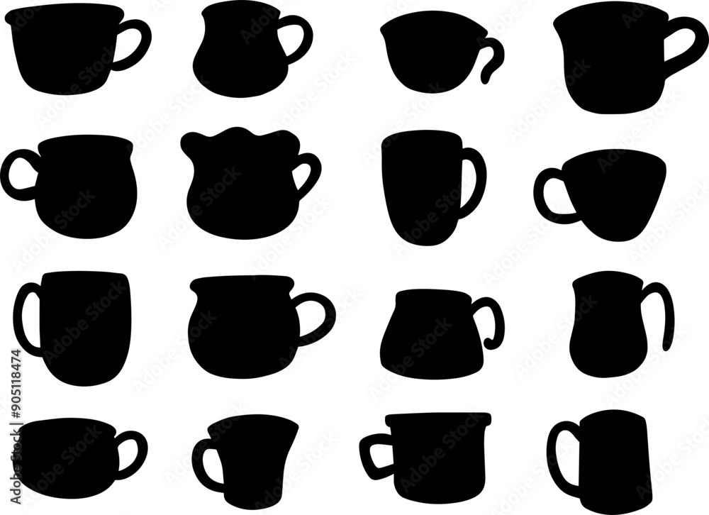 Set collection vector illustration of tea and coffee mug silhouette, black color isolated in white Set collection vector illustration of tea and coffee mug silhouette, black color isolated in white