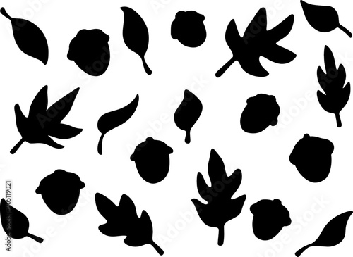 Set collection vector illustration of autumn maple leaves and acorn silhouette, black color isolated in white