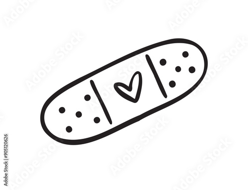 Hand drawn aid band plaster with heart care isolated on white background. doodle outline style