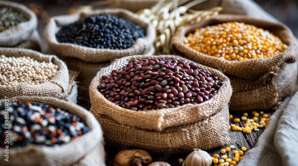 Variety of Legumes in Burlap Sacks Variety of Legumes in Burlap Sacks