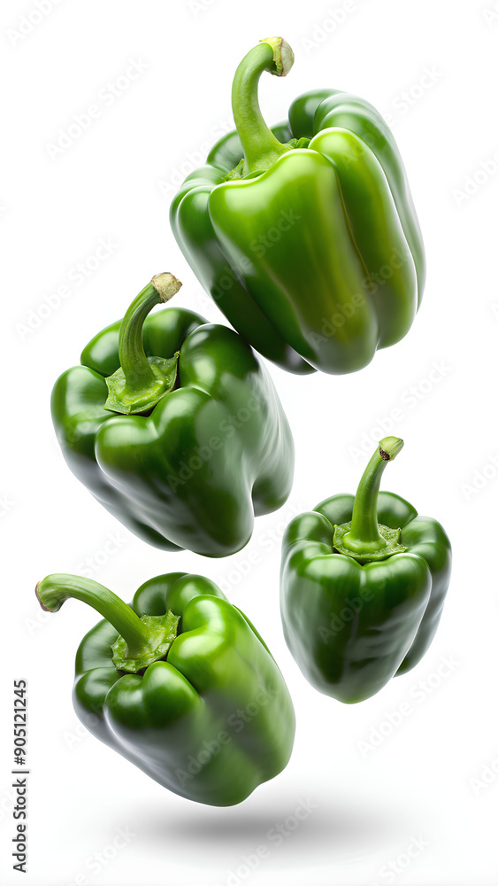 Sweet green bell peppers Flying on white background Sweet green bell peppers Flying on white background