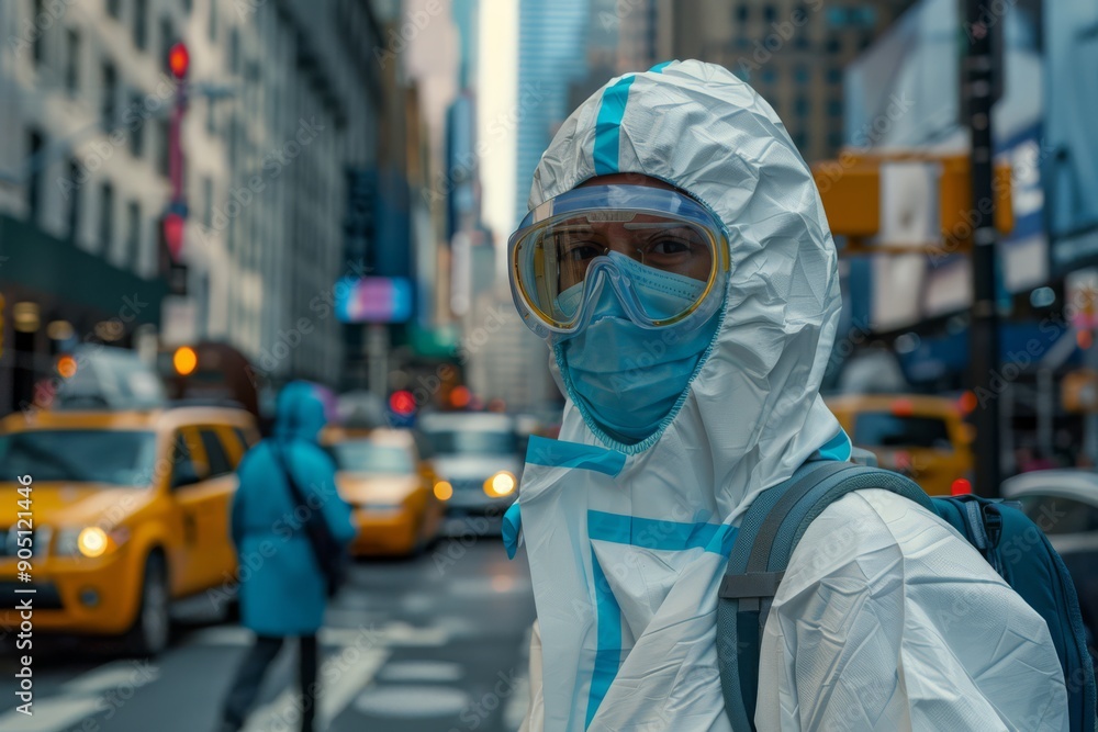 A Epidemiologist in full protective gear, including a mask and goggles, stands on a busy city street, embodying the efforts to curb the spread of infectious diseases in metropolitan areas. A Epidemiologist in full protective gear, including a mask and goggles, stands on a busy city street, embodying the efforts to curb the spread of infectious diseases in metropolitan areas.