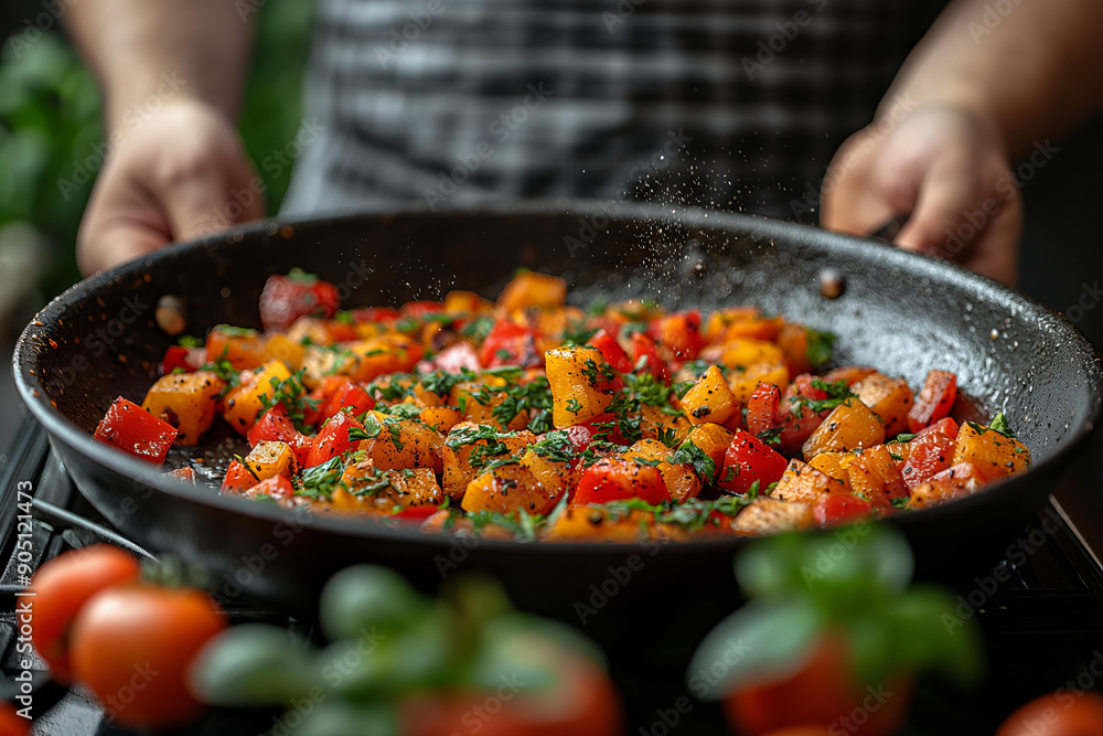 The chef cooks vegetables in a frying pan close up view The chef cooks vegetables in a frying pan close up view