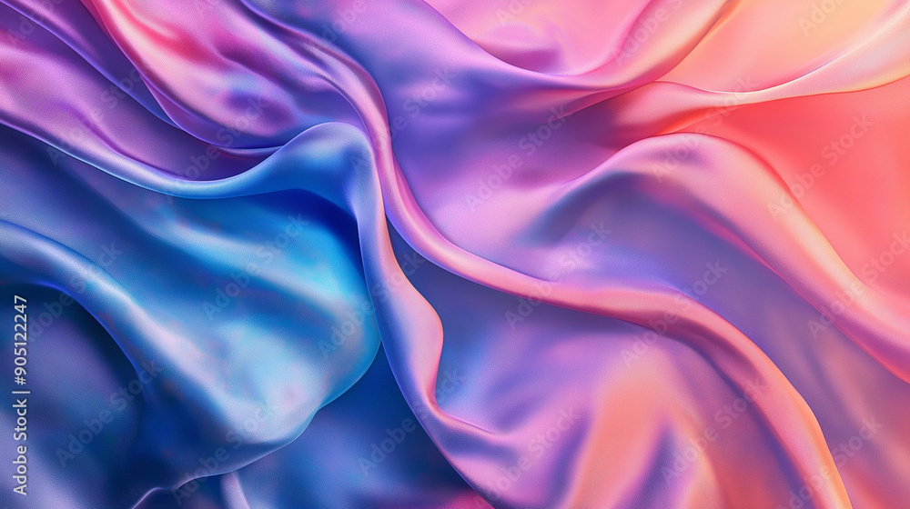 Obraz premium Vibrant and fluid representation of wavy, silky fabric in hues of pink, blue, and purple. The fabric appears to be in motion, with folds and creases creating a dynamic and visually captivating pattern