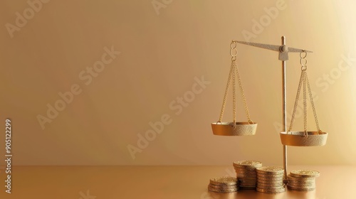 Wealth distribution, scale with coins, 3D illustration, fairness concept, copy space,