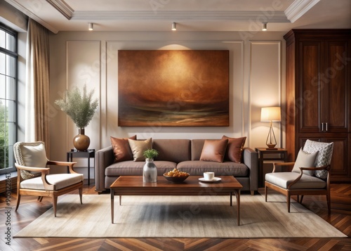 Elegant English modern interior features a large brown canvas art piece mounted in a rich wooden frame, adding warmth and sophistication to the room.