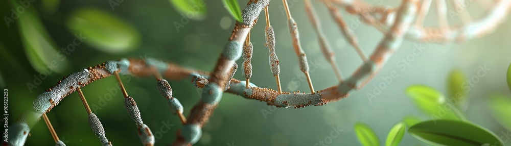 A stunning visualization of DNA, symbolizing life, genetics, and modern science, surrounded by vibrant green leaves. A stunning visualization of DNA, symbolizing life, genetics, and modern science, surrounded by vibrant green leaves.