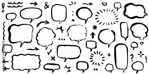 Hand drawn pencil speech bubbles, emphasis, punctuation mark, underline, arrow, highlight text elements set. Black charcoal crayon doodle check mark, explosion balloon, pencil stroke, lines and arrow.