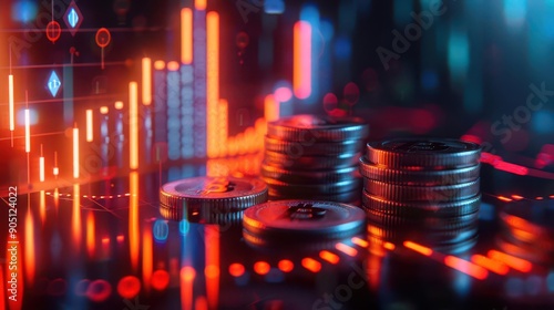 Economic prosperity, coins with rising graph, 3D illustration, growth concept, copy space,