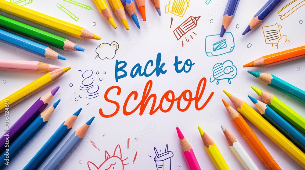 Children's hand drawing with colored pencils Back to School, surrounded of school stationery, top view. Generative AI Children's hand drawing with colored pencils Back to School, surrounded of school stationery, top view. Generative AI