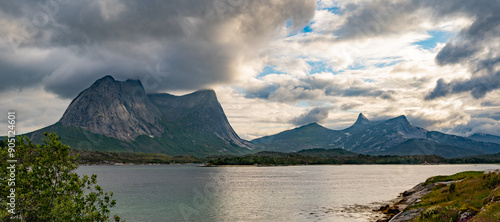 Nymoaksla mountain peak behind a fjord in Northern Norway