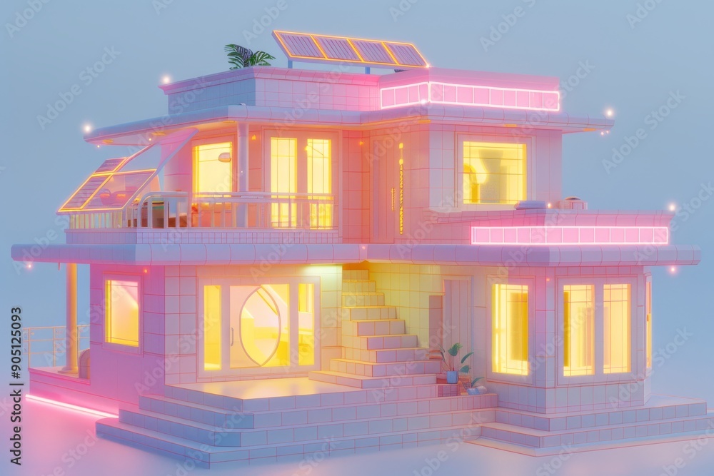 Vibrant neon-lit modern house showcases a blend of contemporary architecture and dynamic lighting design. Vibrant neon-lit modern house showcases a blend of contemporary architecture and dynamic lighting design.