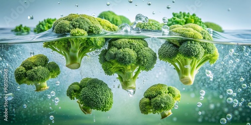 Vibrant green broccoli florets suspended in clear water, surrounded by gentle bubbles, conveying freshness, health, and purity, perfect for culinary or wellness-themed visual content. photo