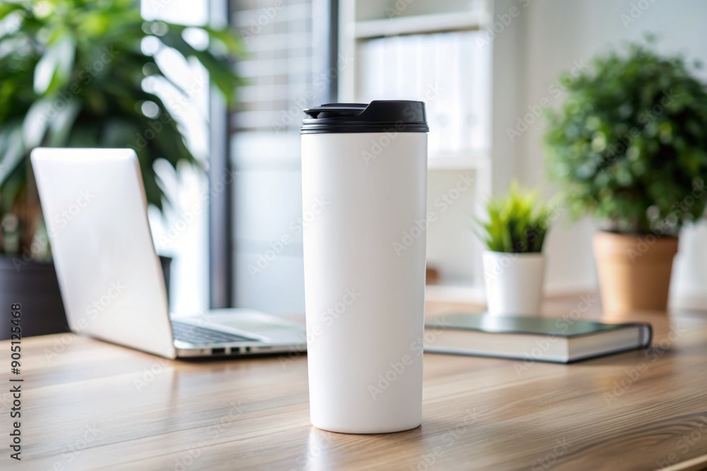 Isolated white tumbler bottle with black cap on a clean desk, empty and ready for customization as a blank mockup template for design projects. Isolated white tumbler bottle with black cap on a clean desk, empty and ready for customization as a blank mockup template for design projects.