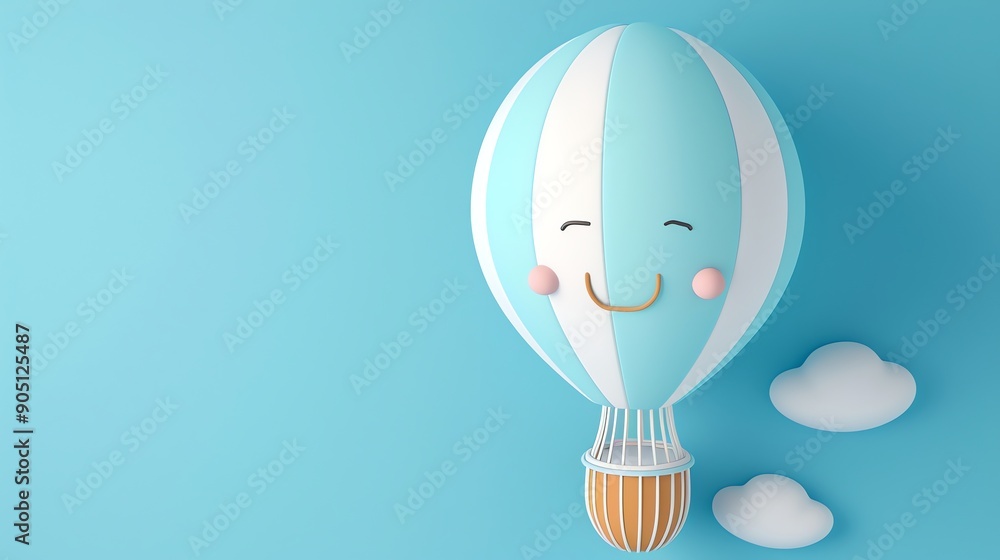 A cartoon hot air balloon with a happy face floats in the sky with two clouds on a blue background. A cartoon hot air balloon with a happy face floats in the sky with two clouds on a blue background.