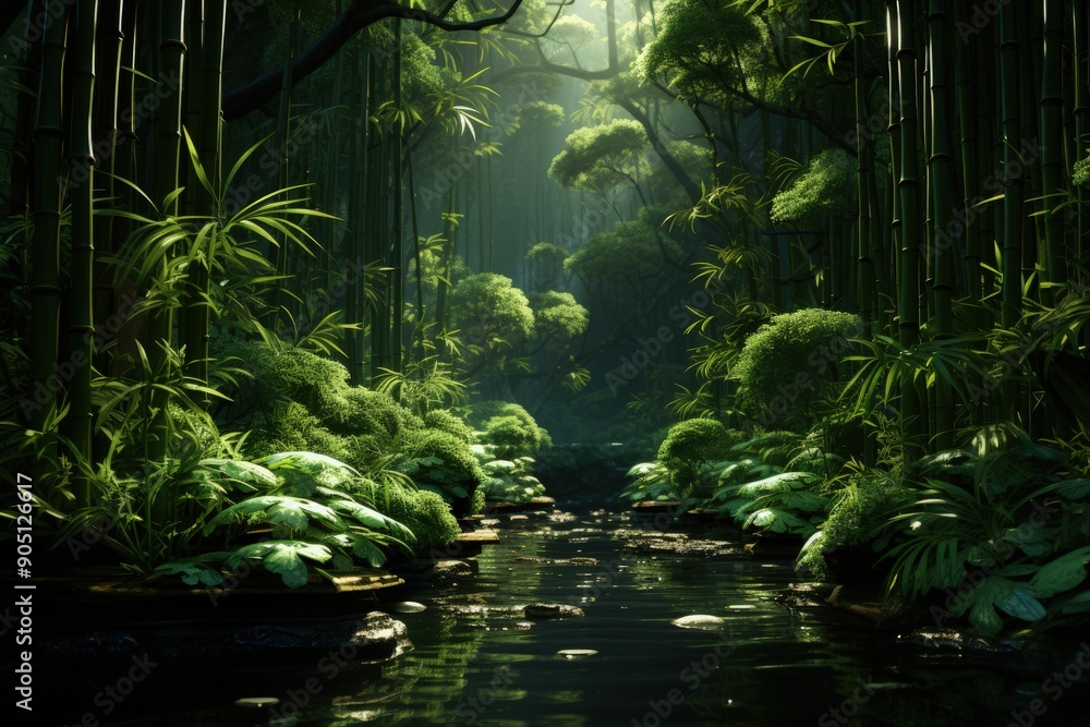 A lush bamboo forest with light streaming through A lush bamboo forest with light streaming through
