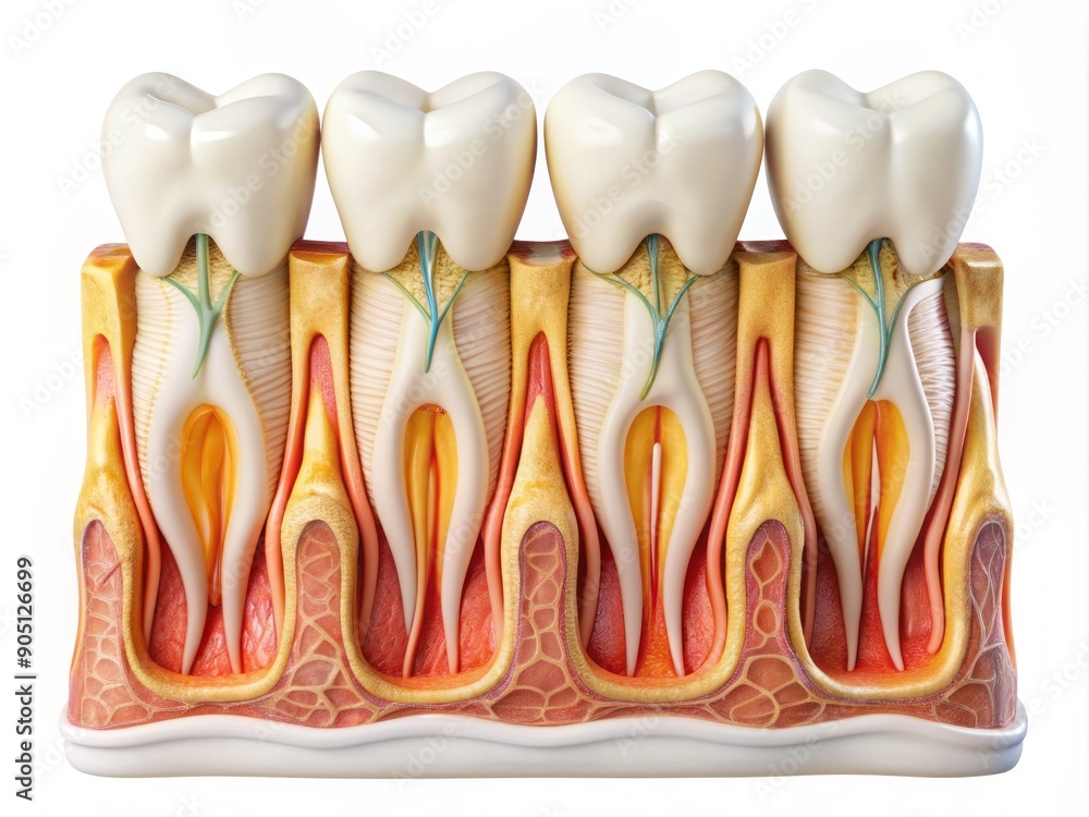 Four human teeth in a row, showcasing the internal pulp chamber and nerve canal, with roots visible, isolated on a transparent background for dental anatomy study. Four human teeth in a row, showcasing the internal pulp chamber and nerve canal, with roots visible, isolated on a transparent background for dental anatomy study.