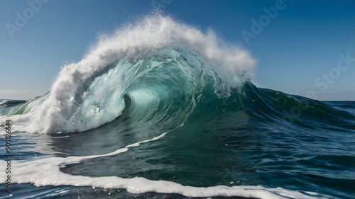 A large wave is crashing into the ocean