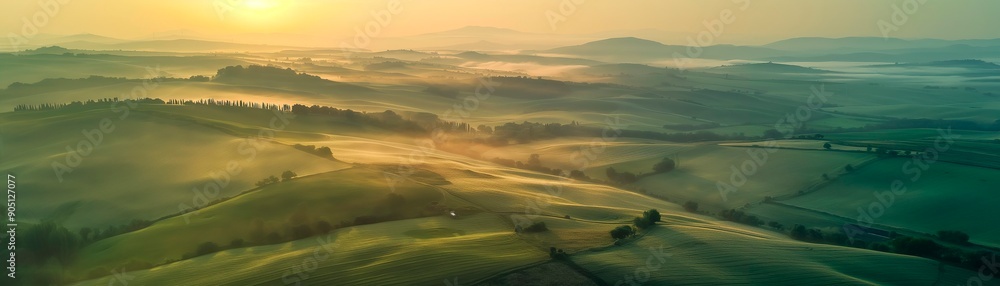 Aerial view of breathtaking sunrise over misty landscape with rolling hills and verdant fields Aerial view of breathtaking sunrise over misty landscape with rolling hills and verdant fields