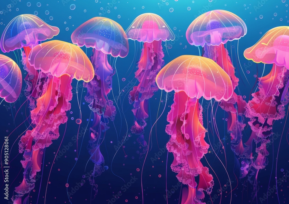 Digital illustration depicting a group of colorful jellyfish swimming in a deep blue ocean Digital illustration depicting a group of colorful jellyfish swimming in a deep blue ocean