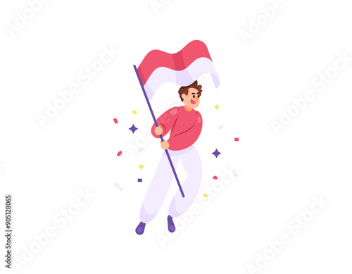 illustration of a young man waving the indonesian flag. red and white flag. celebrating indonesian national days. independence day, heroes day, youth pledge day. flat style design. graphic elements