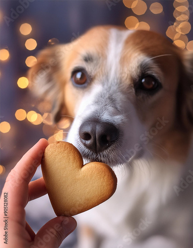 Cute dog and gingerbread heart in hand on blurred background. Love and friendship between dog and owner