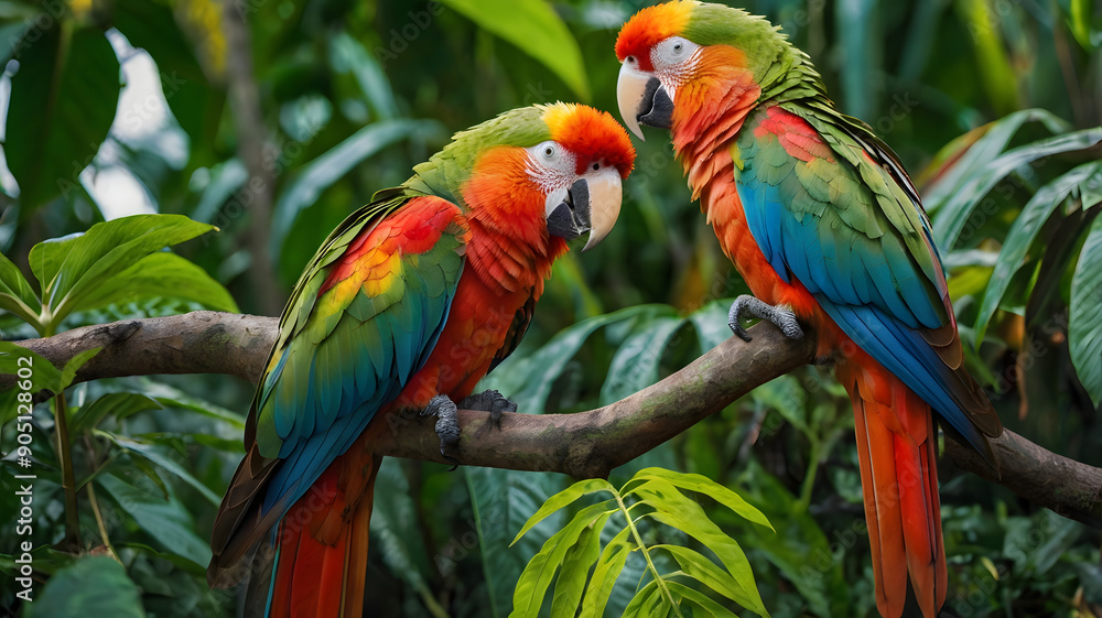 Two parrots are perched on a branch in a lush green forest Two parrots are perched on a branch in a lush green forest