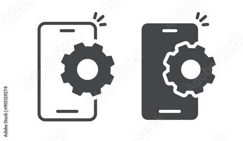 Mobile cell phone set up gear cog wheel icon simple vector pictogram graphic illustration, cellphone smartphone settings preferences update, customize upgrade telephone image clip art line stroke
