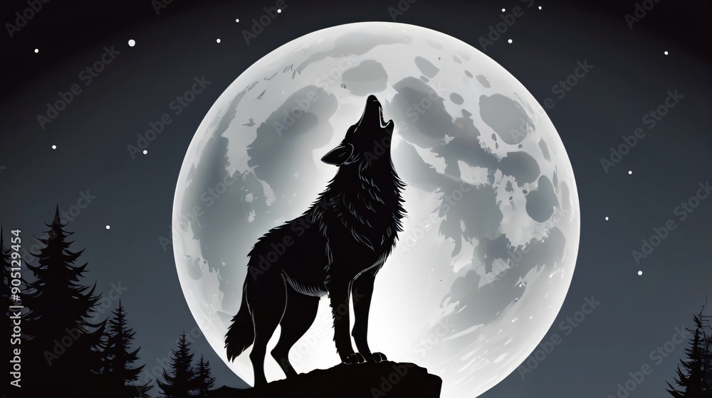 illustration of howling wolf with moon background illustration of howling wolf with moon background