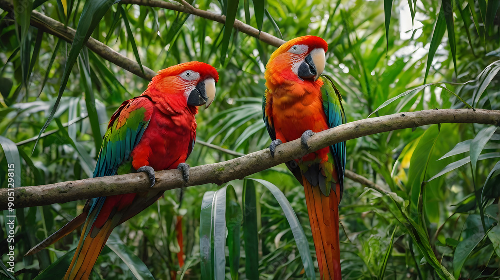 Two parrots are sitting on a branch, one is yellow and the other is red Two parrots are sitting on a branch, one is yellow and the other is red