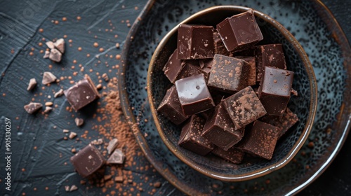 Bowl of dark chocolate pieces on a textured background