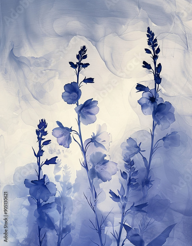 Blue Flowers Art Print in Silk Painting Style photo