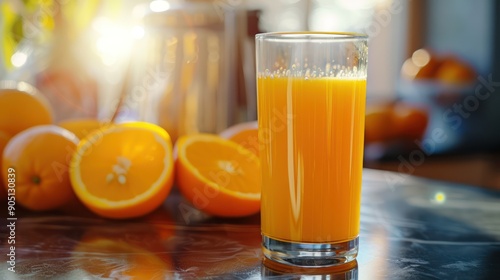 Close-up of a glass of freshly squeezed orange juice with sliced oranges in the background.