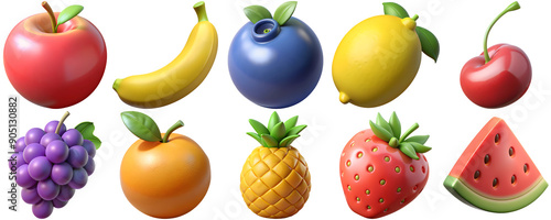 3d realistic fruit icons collection - apple, banana, blueberry, lemon, cherry, grape, orange, pineapple, strawberry, watermelon - isolated on black background. © AucArtStudio