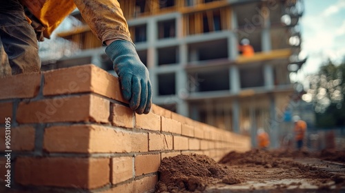 Construction Worker's Hand Placing Brick on Wall