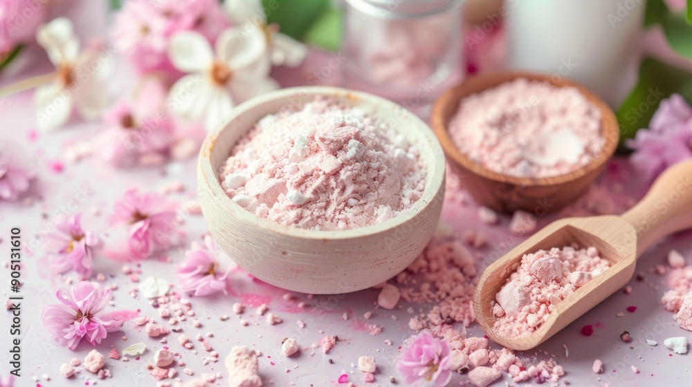 Bowl of pink bath salts with flowers on pastel background