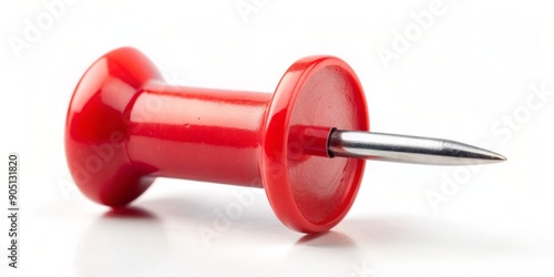 A small, bright red push pin with a metal tip and plastic body, isolated on a white background, awaiting placement on a map or bulletin board. photo