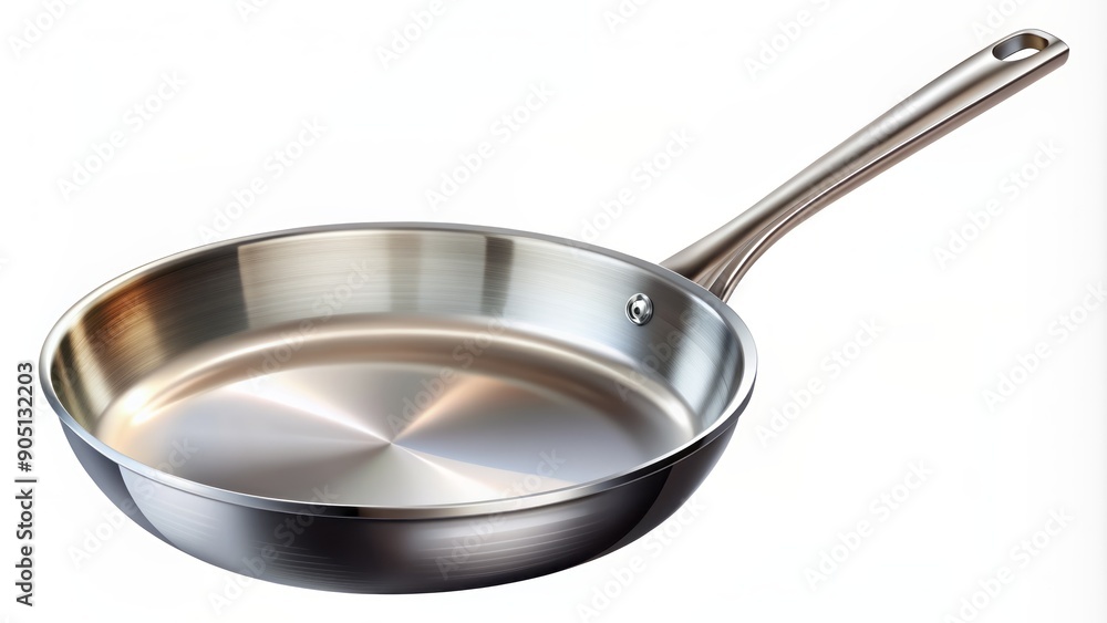 A shiny stainless steel fry pan with a long handle and rounded edges, isolated on a transparent background, ready for cooking and culinary creations. A shiny stainless steel fry pan with a long handle and rounded edges, isolated on a transparent background, ready for cooking and culinary creations.