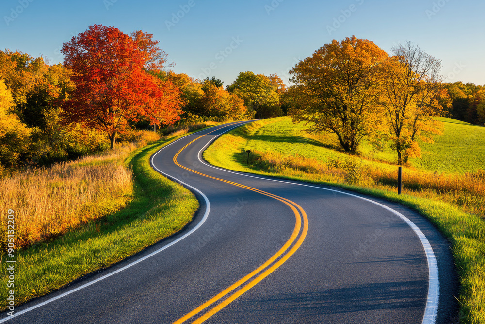 Fototapeta premium Winding road through colorful autumn landscape with vibrant trees and lush green fields under a clear blue sky.