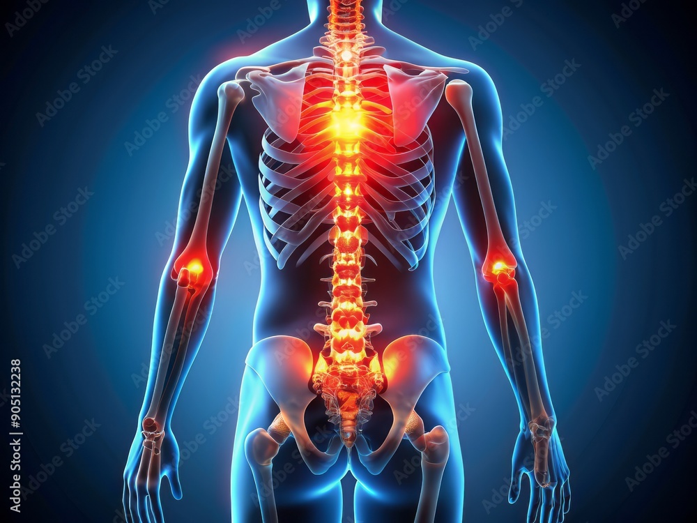 Illuminated 3D anatomical model of the human spine and hips, highlighting inflamed areas in bright red, showcasing lower back and pelvic region discomfort. Illuminated 3D anatomical model of the human spine and hips, highlighting inflamed areas in bright red, showcasing lower back and pelvic region discomfort.