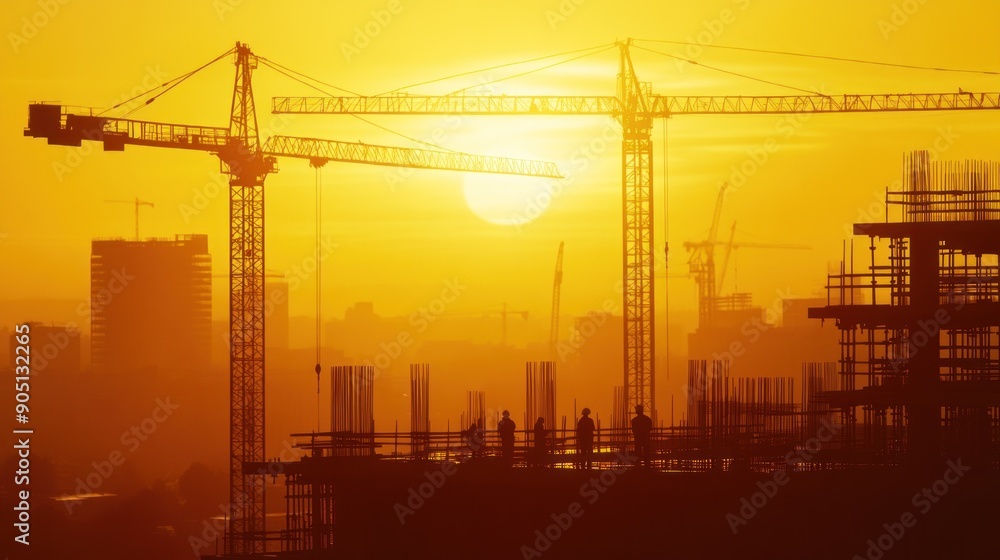 Construction Workers Silhouetted Against a Sunset at a Construction Site Construction Workers Silhouetted Against a Sunset at a Construction Site