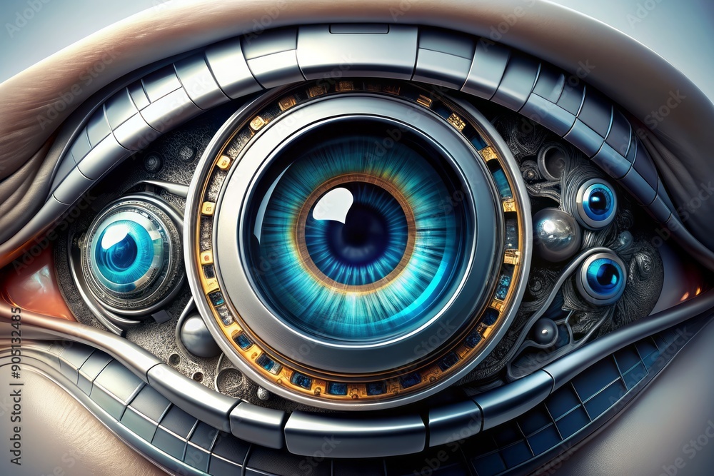 A highly detailed, futuristic robot eye with a bright blue iris, metallic pupil, and sleek mechanical structures, isolated on a pristine white background. A highly detailed, futuristic robot eye with a bright blue iris, metallic pupil, and sleek mechanical structures, isolated on a pristine white background.